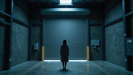 Fototapeta premium Person stands dimly lit industrial space, facing large closed shutter door. atmosphere is mysterious and contemplative, evoking sense