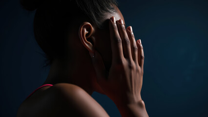 Person covering their face with their hand, expressing emotions in dimly lit environment. focus is on silhouette and contrast of light and shadow