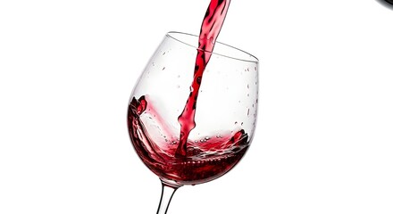 Red wine being poured into glass, isolated on white background, motion capture.