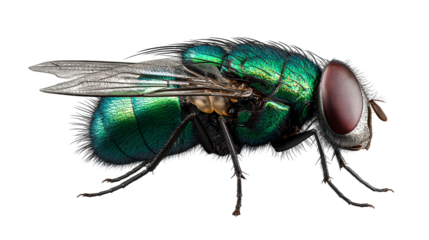 Detailed close-up of a metallic green blow fly insect on white background, cut out transparent