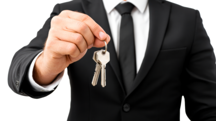 Man in Suit Offers House Keys, cut out transparent