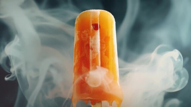 Video A close-up shot of a colorful popsicle on a stick with a hint of smoke in the background