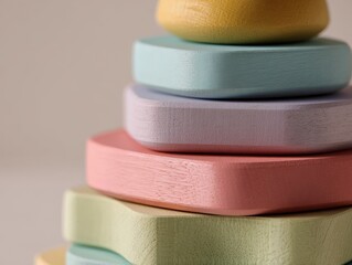 Pastel Colored Wooden Stacking Rings in Heart Shapes Close-Up Focus on Foreground Blurry Background Gentle Tones Educational Toys Developmental Play