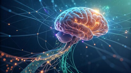 Fototapeta premium A detailed illustration of a human brain with neural connections and glowing light effects around it