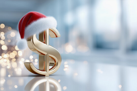 A golden dollar symbol wearing a Santa hat is showcased on a bright surface, surrounded by soft, glowing holiday lights, highlighting themes of Christmas shopping and finance