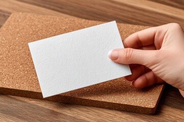Obraz premium Elegant white blank business card held delicately by a well-manicured hand against a textured cork backdrop highlighting the intersection of professionalism and simplicity in a modern workspace