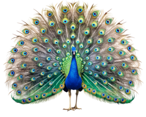 Peacock with fully spread feathers isolated on transparent background