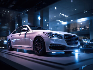 Naklejka premium Luxury car showroom. Luxury sedan positioned on elevated display platform, showroom background, perfect for automotive hero product and desire creation concept. Car dealership office.