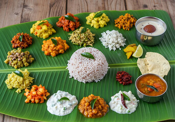 A vibrant and elaborate traditional South Indian Sadhya meal served on a fresh green banana leaf, featuring a variety of curries, rice, and desserts.