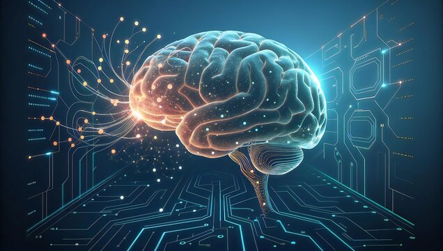 A digital brain with glowing connections and a circuit board background in blue hues design