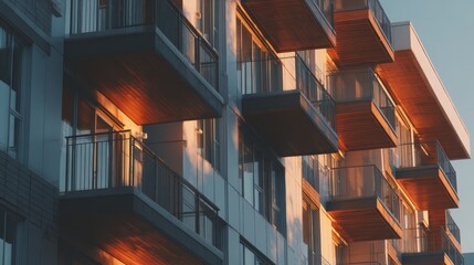 Modern residential apartment building facade with geometric balconies captured during golden hour sunset showcasing contemporary urban architecture for real estate and property investment.