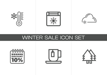 Winter season icon set tea cup, cloud, calendar, Christmas tree, thermometer, and snowflake in flat line style