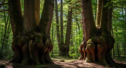 Ancient Forest Giants - Towering Trees Bathed in Sunlight.
