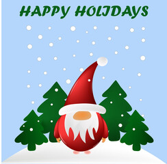 Cute Christmas gnome illustration with snow and Happy Holidays text