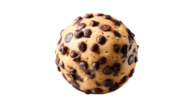 Chocolate chip cookie dough sphere on white, cut out transparent