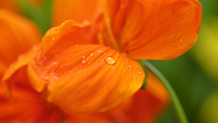 Closeup of a vibrant orange poppy flower with delicate water droplets on its petals in a garden setting