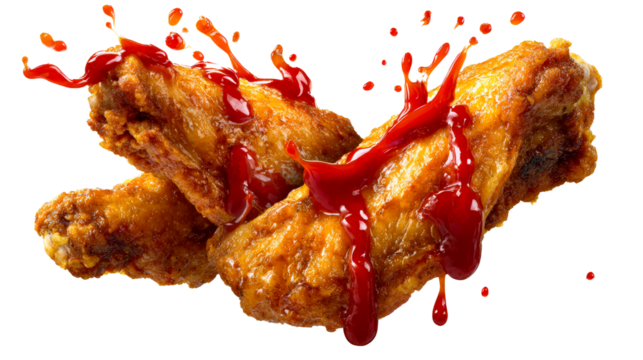 Golden fried chicken wings covered in red sauce splash, cut out transparent