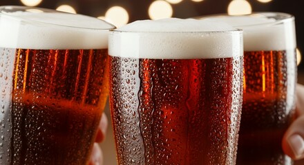 Close-up of three beer glasses filled with amber liquid and foamy heads, adorned with condensation drops; concept for celebration toast, brewery promotion and festive event marketing