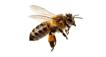 Honeybeeflying side view, isolated on a white background, detailed wings.