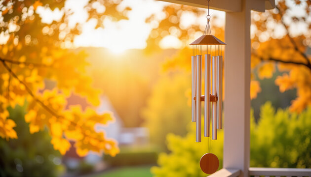 Wind chimes hanging on porch during autumn sunset in nature  