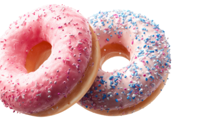 Two frosted donuts with sprinkles floating in air, cut out transparent