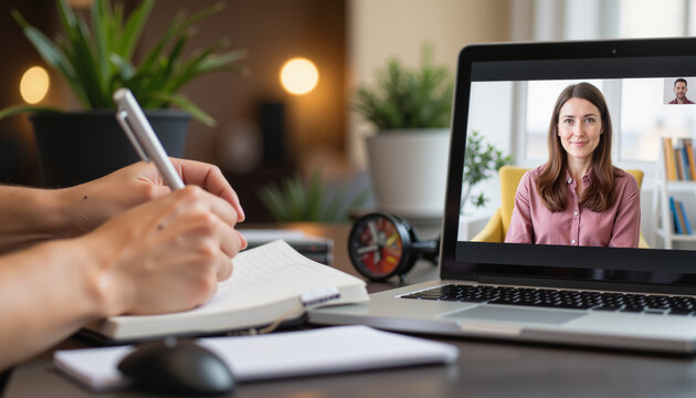Woman participating in video call while taking notes at home desk  