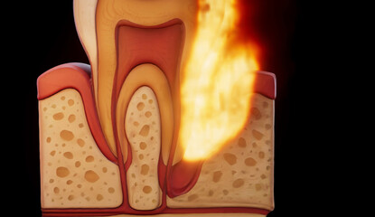 Conceptual 3D illustration of periodontitis on fire