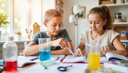 Two children studying science experiments with colorful liquids at home  