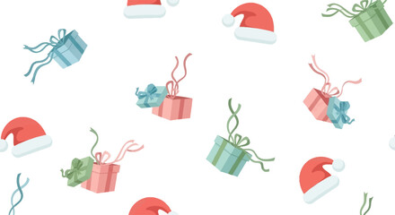 Seamless pattern of festive Christmas gift boxes and Santa hats.