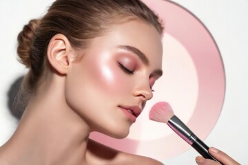 Close up of woman with pink makeup and hair in a bun getting makeup applied with a brush on her face