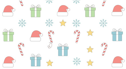 Festive Christmas Pattern with Gifts, Hats, Candy Canes, and Stars.
