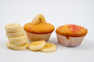 Banana Cupcakes with Sliced Banana, Isolated on White Background.