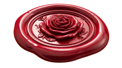 Red wax seal with rose imprint, cut out transparent