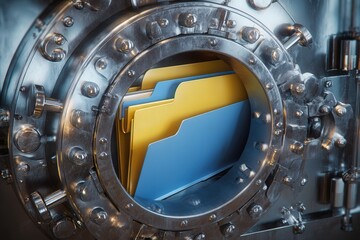 A secure vault showcasing organized file folders in blue and yellow tones symbolizing information preservation and financial security within a metallic safe structure