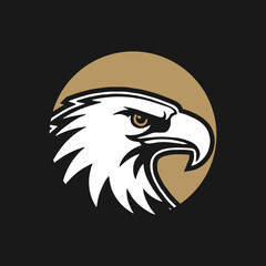 A stylized illustration of an eagle's head profile, set against a golden circle.