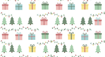 Festive Christmas pattern with gifts, trees, and lights, a holiday celebration design.