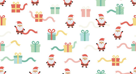 Festive Christmas Pattern with Santa Claus and Gift Boxes.