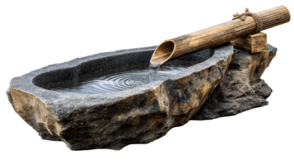Natural Stone Basin with Flowing Water from Bamboo Pipe, cut out transparent