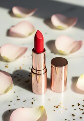 A close up of red lipstick with rose gold casing surrounded by scattered rose petals on white surface