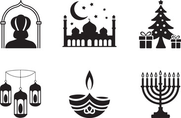 Diverse global holiday celebration icons in black