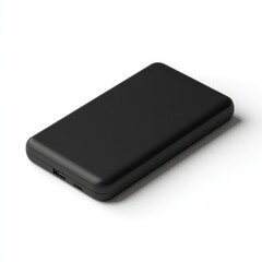 Sleek, minimalist black power bank displayed in isometric view, showcasing its modern design against a clean white background. Ideal for tech-related projects and promotions.