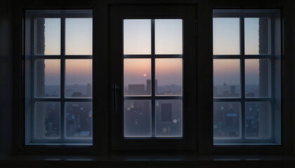 City skyline viewed through window at dusk with sunset glow  