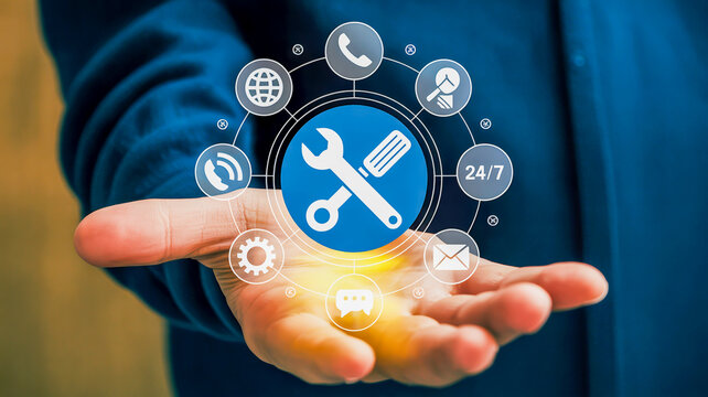 Hand holding digital service and support icons network