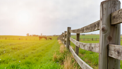 Fototapeta premium Wooden fence along grassy field at sunset with soft lighting 