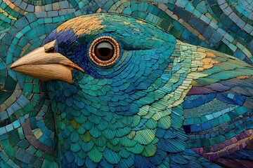 Close-up of a stunning avian mosaic, showcasing intricate blue and green tiles creating a vibrant, detailed bird portrait with a golden beak and expressive eye