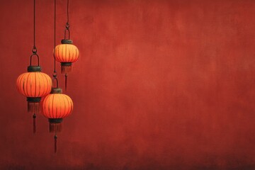 Obraz premium Three Hanging Lanterns Illuminate a Warm Red Wall in a Cozy Setting During Evening Hours
