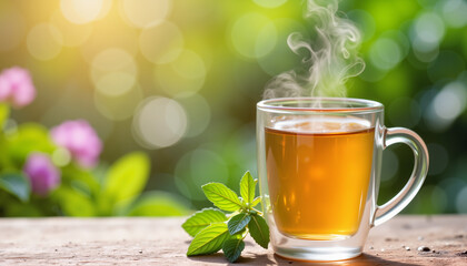 Hot herbal tea in a glass cup with mint leaves outdoors  