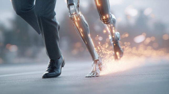 A robotic leg blends with a human in motion, showcasing the fusion of technology and humanity in a dynamic scene. - Powered by Adobe
