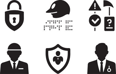 Diverse safety security icon set in solid black