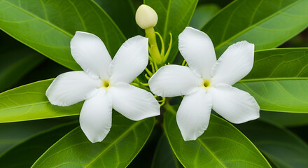 Obraz premium Image is a close-up photograph of two white jasmine flowers set against a backdrop of lush green leaves. The flowers are centrally positioned, each with five petals radiating symmetrically from a smal